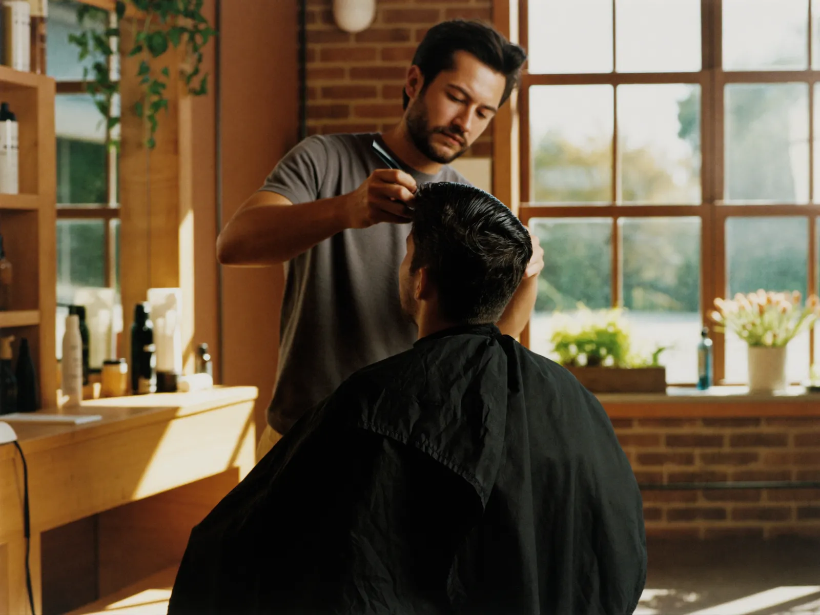A barber at work in a warmly lit shop