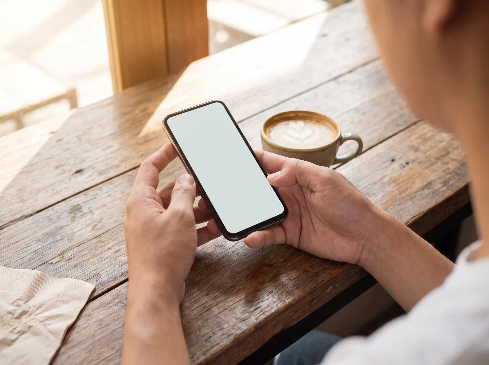 Hands holding a phone at a cafe table