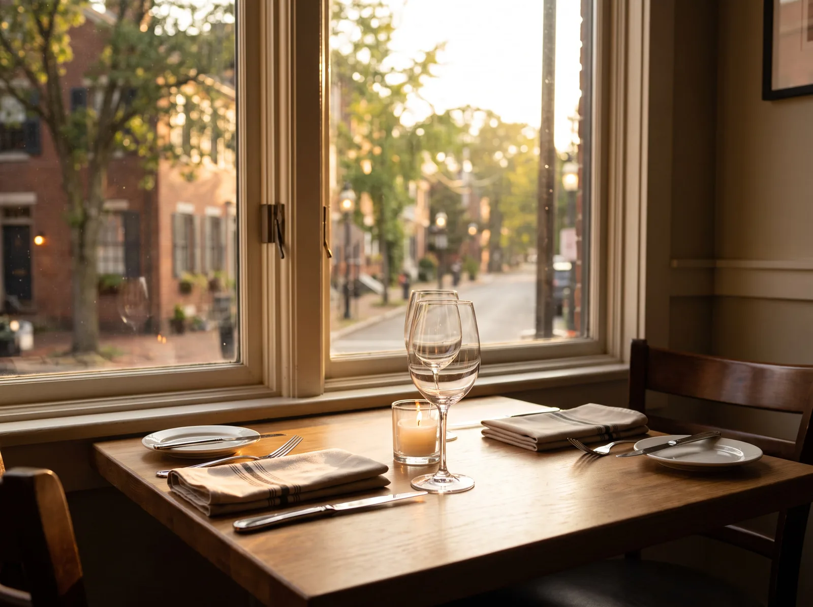 A restaurant table set for dinner service